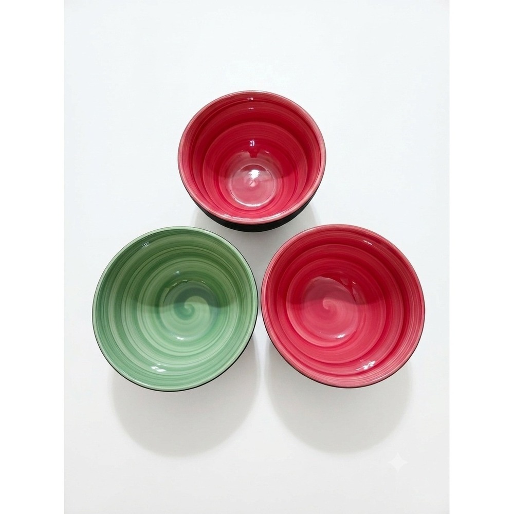 Swirl Hand Painted Ceramic Bowls Set of 3 Striped Red Green Yellow Fiesta Style